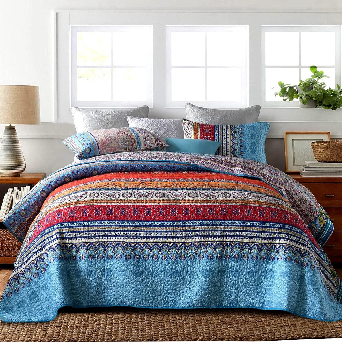 Boheemse sprei tweepersoons 220x240cm gewatteerde spreien met 2 kussenslopen, zachte microvezel gewatteerd bed gooit etnisch gestreepte Bohe sprei sprei voor het hele seizoen boho blauw
