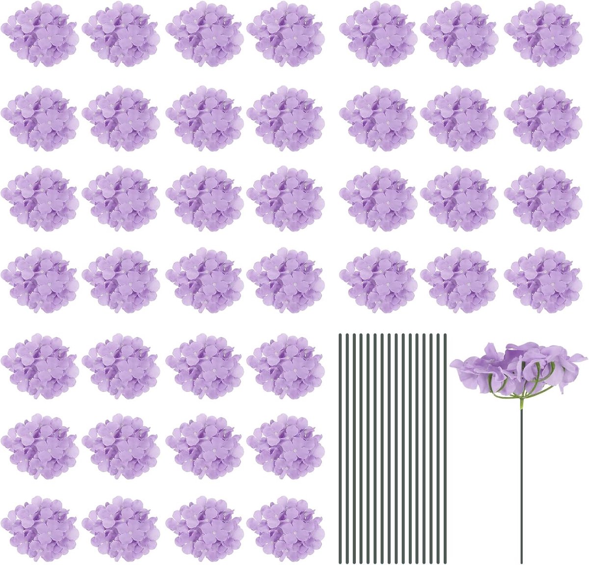 Zijden kunsthortensia, bloemen, lichtpaars, kunstbloemen, hoofden met stelen, volledige hortensia bloemen voor bruiloft, middenstukken, feestdecoratie, set van 30