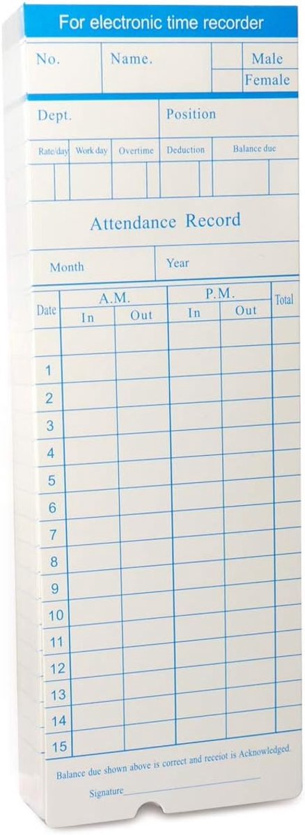 Maandelijkse kaarten, stempelkaarten, 250 stuks, speciaal voor S670, stempelklok, tijdweergave, herbruikbaar