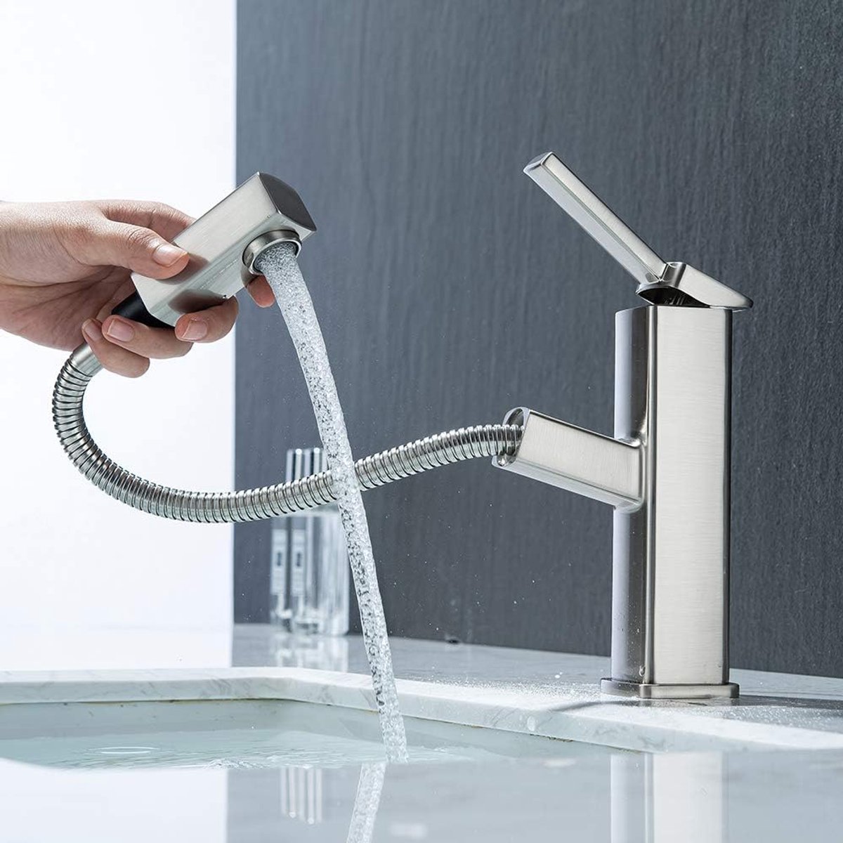 Kraan met uittrekbare spuit, mengkraan voor warm en koud water, uittrekbare waterkraan, badkamer met draaibare uitloop (geborsteld nikkel)