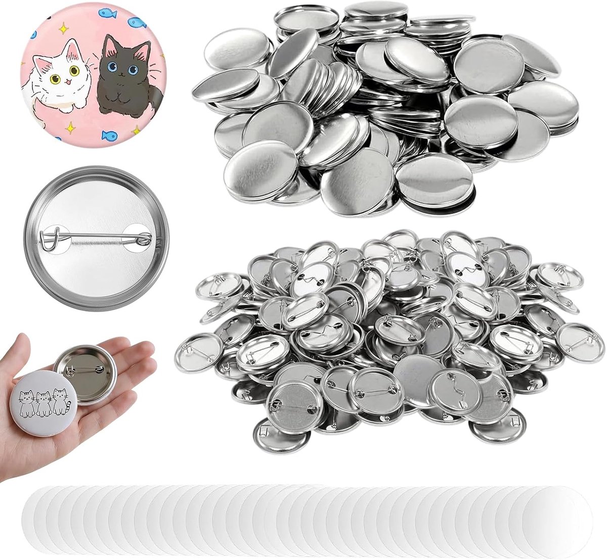 150 stuks blanco knopen, lege buttons, badges, button-blanks, 58 mm/25 mm, blanke naalden, blik, pin-making kit voor knopen, zelf maken, spelden en badges, zelf vormgeven, doe-het-zelf