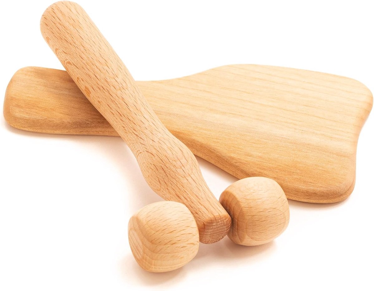 tuuli Gezichtsmassageapparaat, gezichts-, nek-, schouder-, gezichtskopmassage-roller met handvat, Gua Sha-therapie, massageapparaat, maderotherapie, dermaroller, set van hout (2-delige set C)