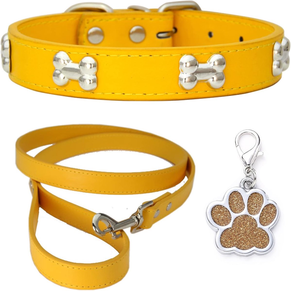 Hondenhalsband Leder Halsband Hondenriem Combo Set Hondenhalsband Verstelbaar Welpenhalsband voor Kleine, Middelgrote Honden Katten Gouden XS