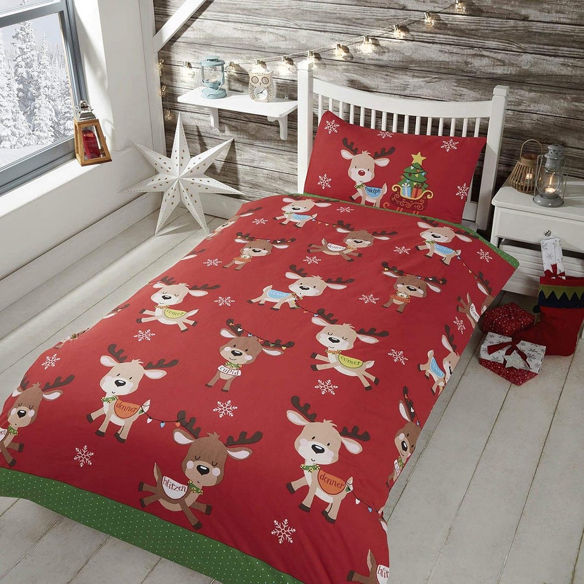 Home and-Friends-Single Rapport kinderbeddengoedset met kerstmotief Rudolph rendier, polykatoen, rood, eenpersoonsbed