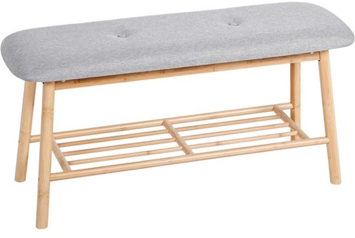 Gestoffeerde Zitbank met Bamboe Frame en Opbergplank - Grijs