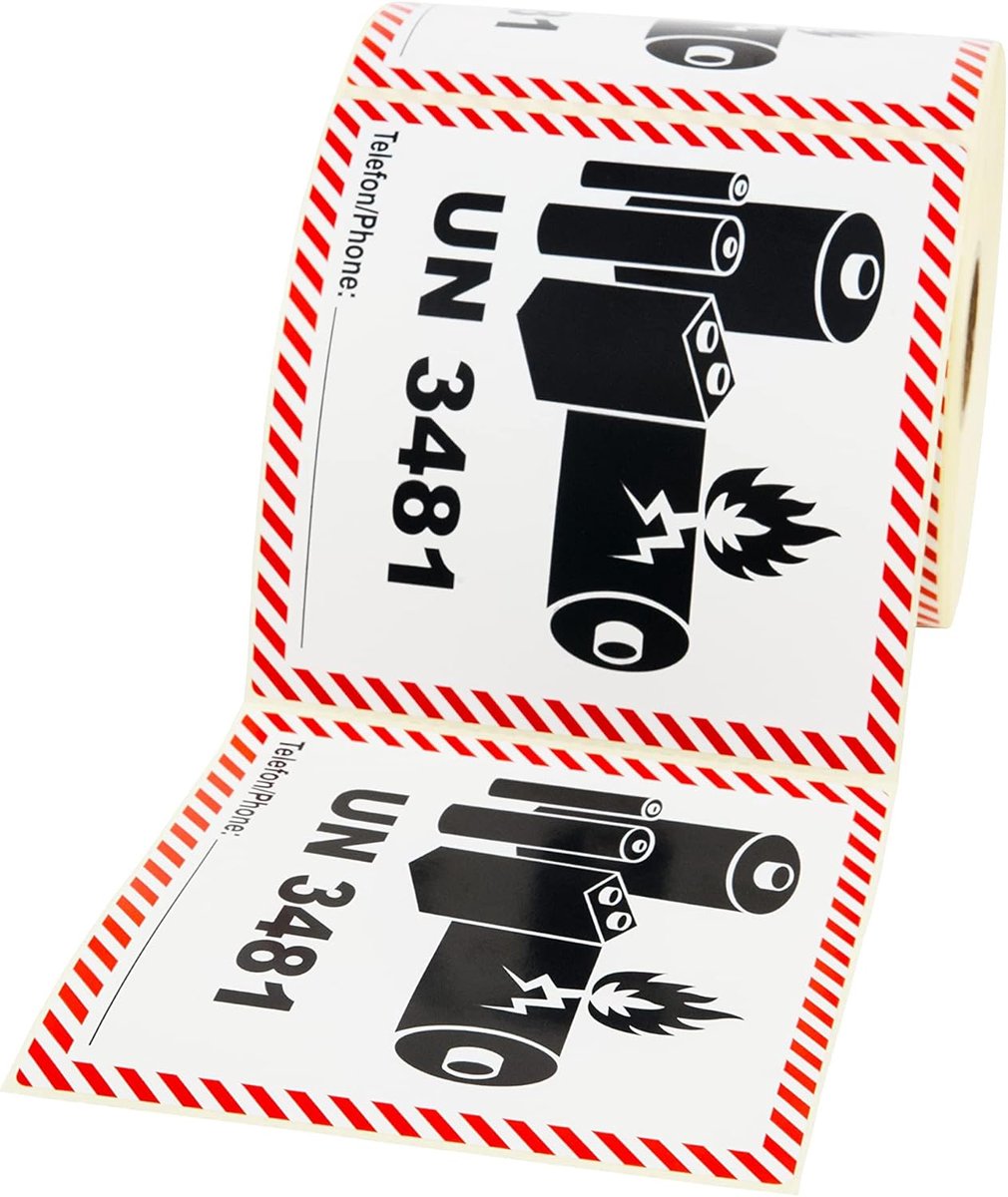 gevaarlijke goederensticker UN 3481 bevat lithium-ion batterijen, 500 stuks, 100 x 100 mm, zelfklevende etiketten, verzendlabels, etiketten zelfklevend, gevaarlijke goederen stickers