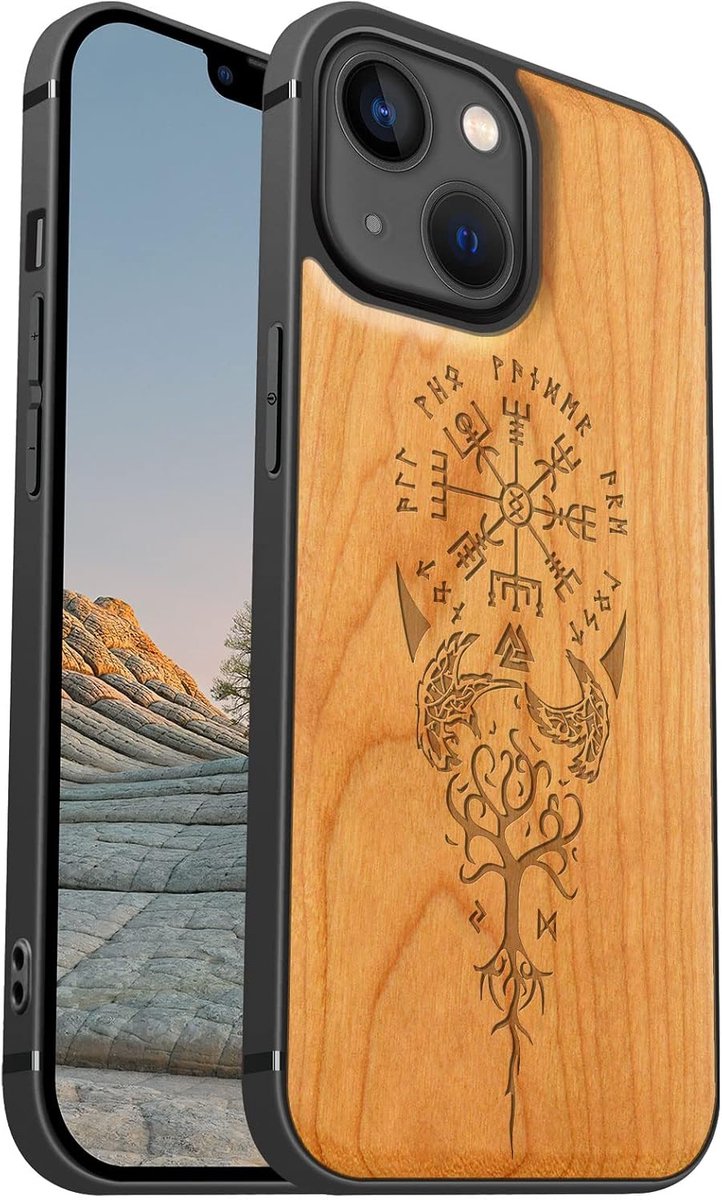 Magnetic Wood Case for iPhone 13 Mini Hoesje Compatible MagSafe [Hard Real Wood & Soft TPU] Shockproof Hybrid Protective Cover with 13 mini Case Unique (Viking Compass Vegvisir-Kersenhout)