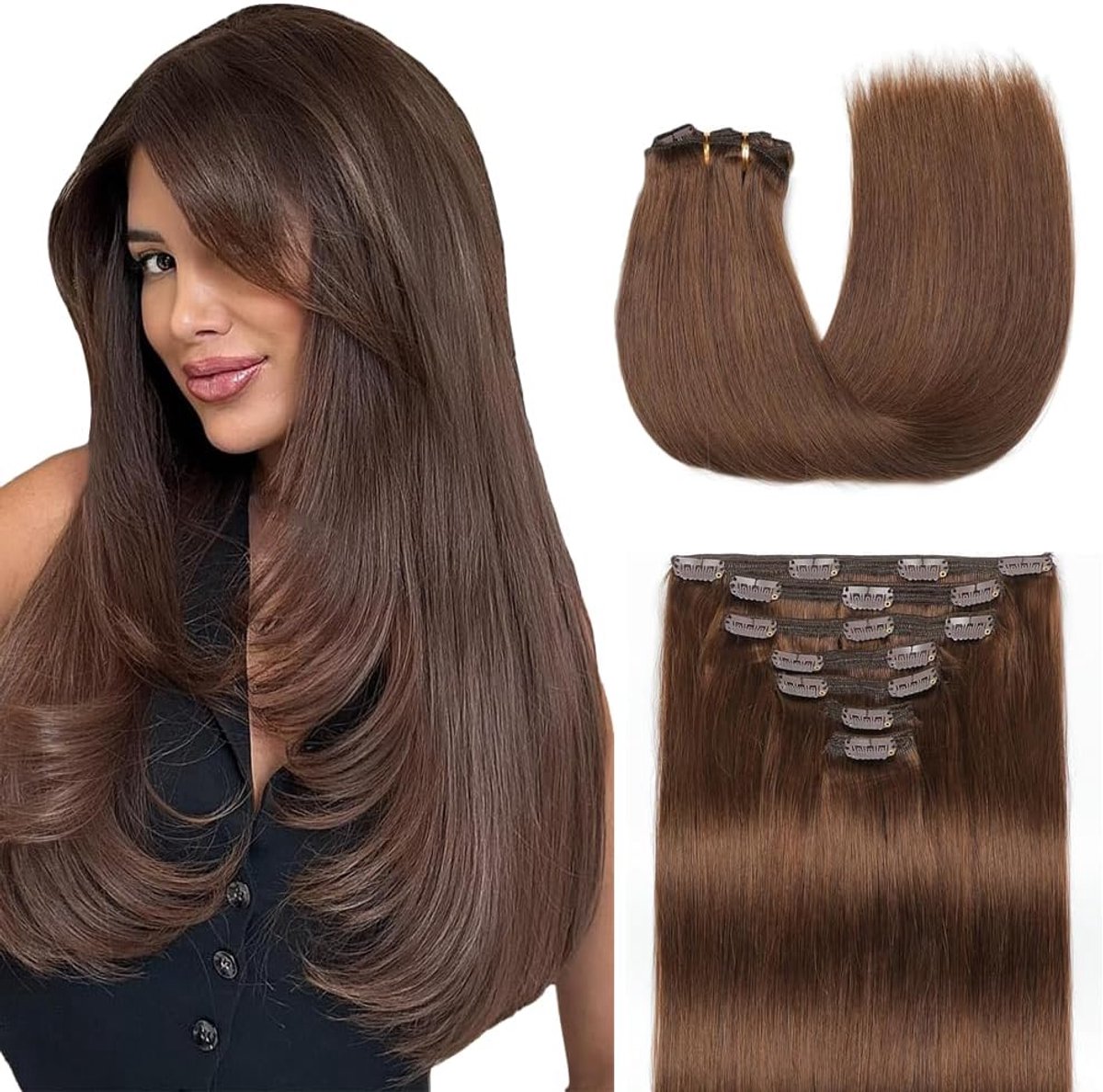 30 Inch Clip in Extensions Human Hair Silky Straight Human Hair Extensions Clip in Invisible Hairpin #4 Chocolate Brown 7pz 76 cm 120g Unprocessed Remy Hair for Women