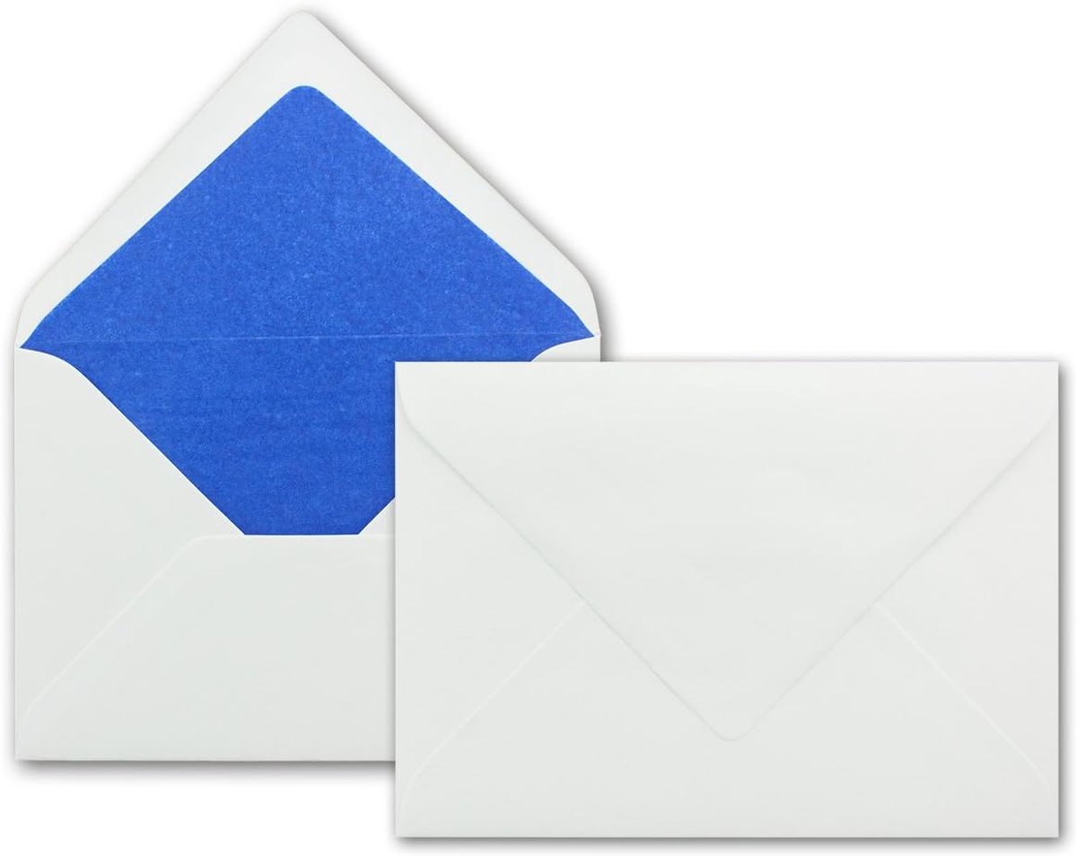 25 x enveloppen in wit met koningsblauwe zijden voering, DIN B6 12,5 x 17,6 cm, nat lijmen zonder venster - ideaal voor huwelijksuitnodigingen wenskaarten kerstkaarten
