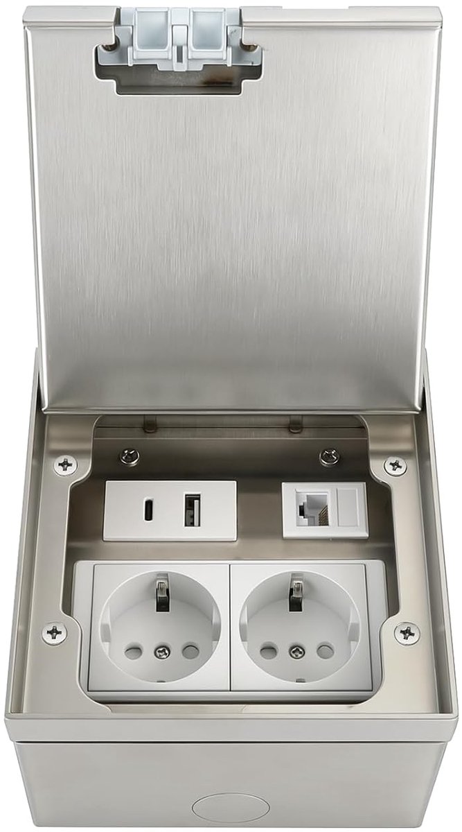 Inbouwstopcontact, roestvrij staal, 4000 W, AC 250 V, 16 A, waterdicht, met 2 stopcontacten + 2 USB-poorten + 1 RJ45-poort voor thuis of op kantoor