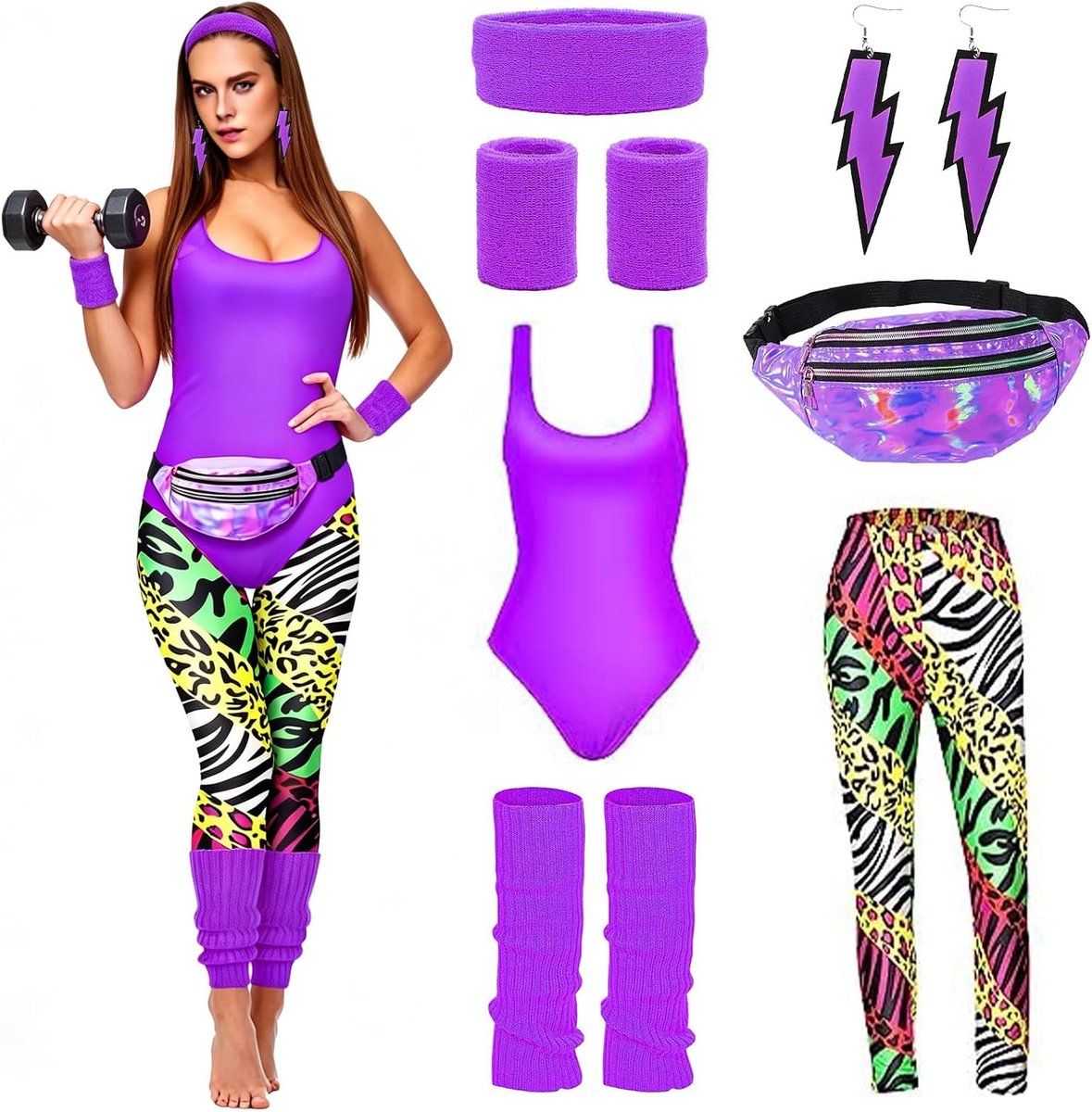 Jaren 80-outfit voor dames, jaren 80 workoutkostuum, jaren 80-accessoires, jaren 90-outfit, met heuptas, hoofdband, beenwarmers, voor carnaval, Halloween, carnaval, themafeest