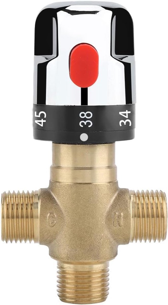 Dailygoods- Mengventiel Thermostatisch - G1/2 Massief Messing - Drieweg Mengventiel - Veiligheidsvergrendelknop 38ºC - Duurzaam - Voor Badkamer/Keuken