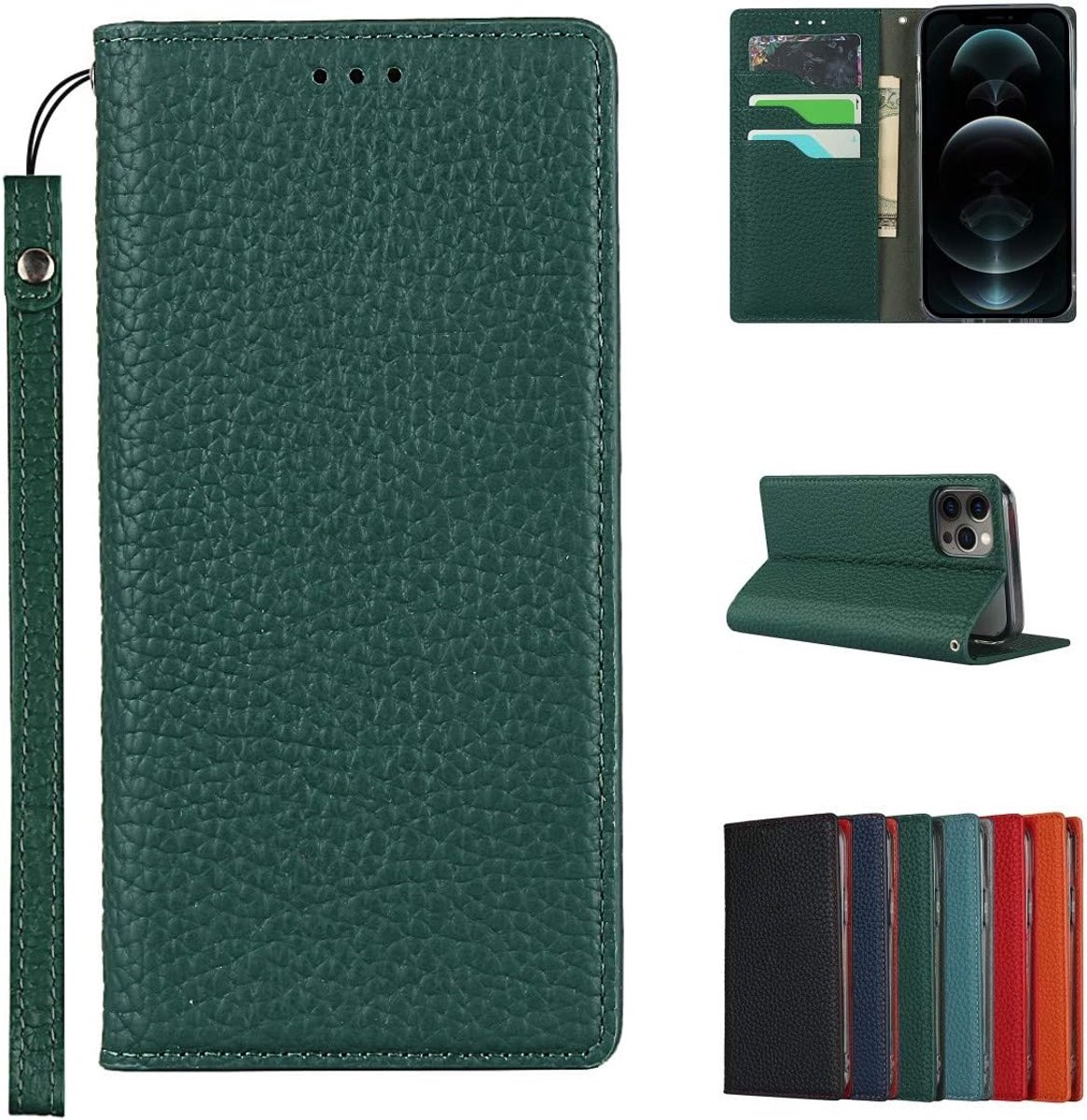 Telefoonhoesje compatibel met iPhone 12/12 Pro, echt lederen flip wallet, mobiele telefoonhoes, 3 sleuven, magnetisch, RFID-blokkering, donkergroen