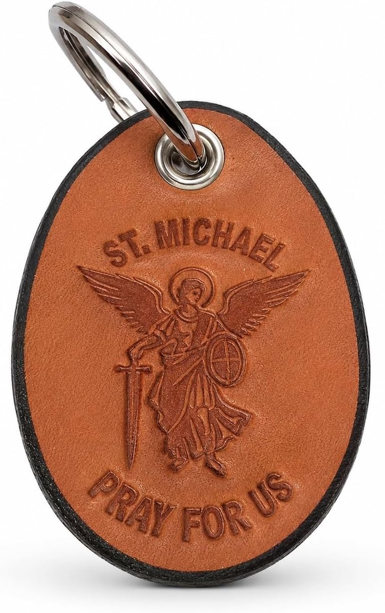 Sleutelhanger van de Aartsengel Michaël, gemaakt van echt leer - handgemaakt - 100% Made in Italy