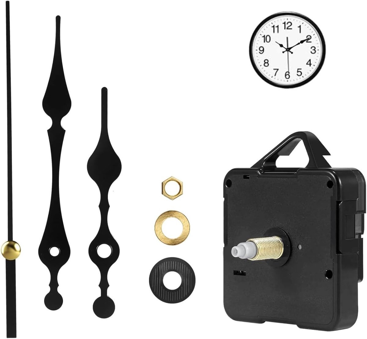 Uurwerk voor wandklokken met wijzerset – Ideaal voor knutselprojecten en reparaties, geschikt voor wijzerplaten van 4-6mm dik. Schachtlengte 16mm, schroefdraadlengte 9mm, perfect uurwerk
