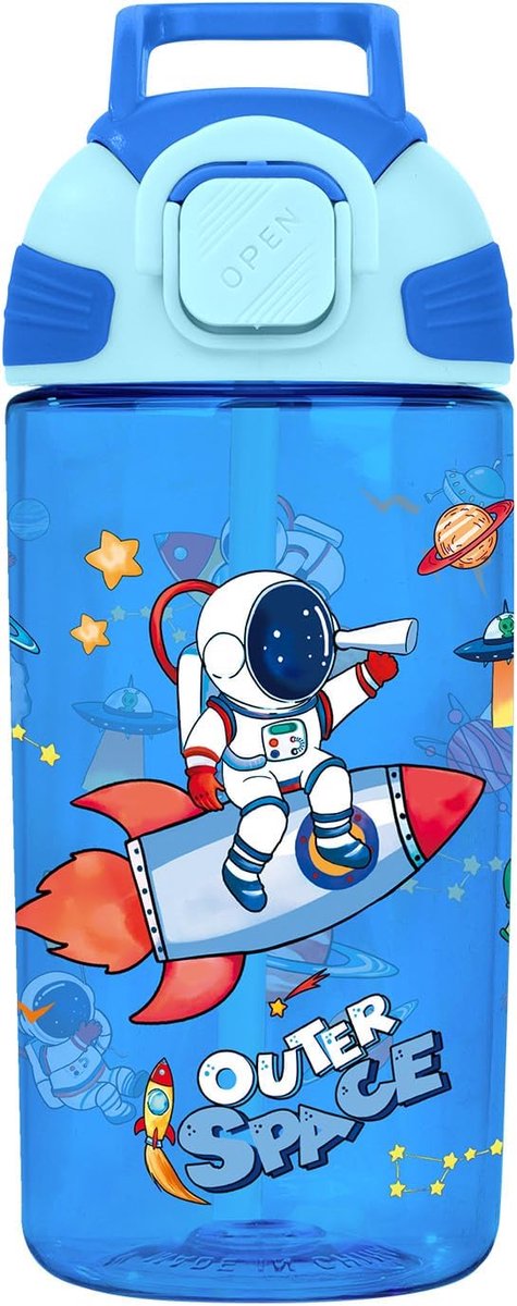 Drinkfles voor kinderen, lekvrij, 550 ml, kinderfles met rietje en handvat voor meisjes en jongens, sportfles voor school en outdooractiviteiten, astronaut raket