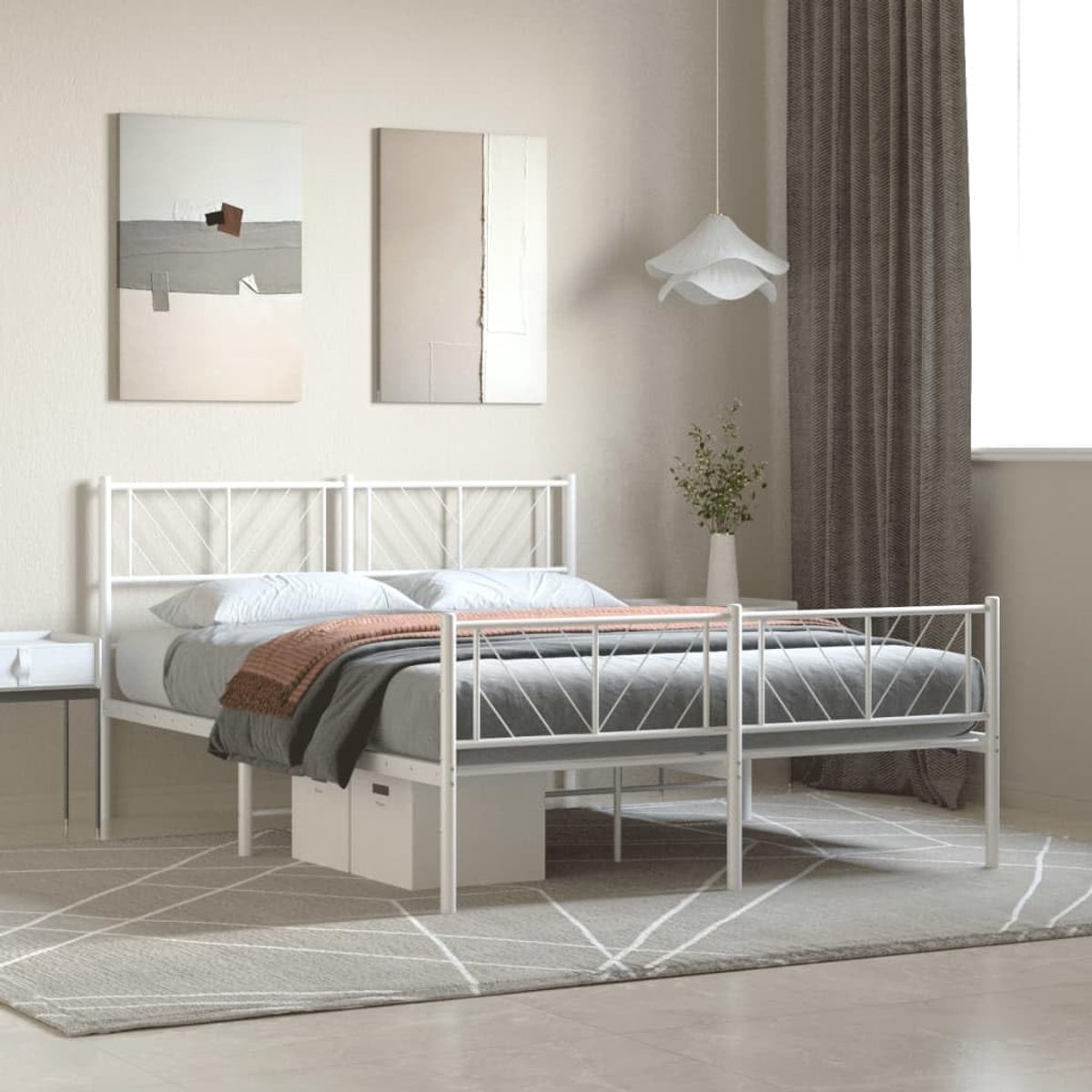 Bedframe met hoofd- en voeteneinde, metaal, wit, 135 x 190 cm, bedframe voor slaapkamer, hotel, bedframe voor woonkamer, slaapkamer