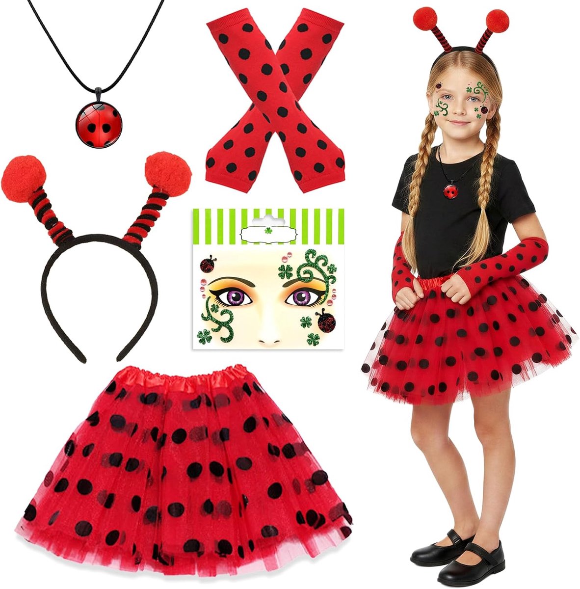 Bug kostuum meisjes, rode tutu (40 cm), warme handschoenen