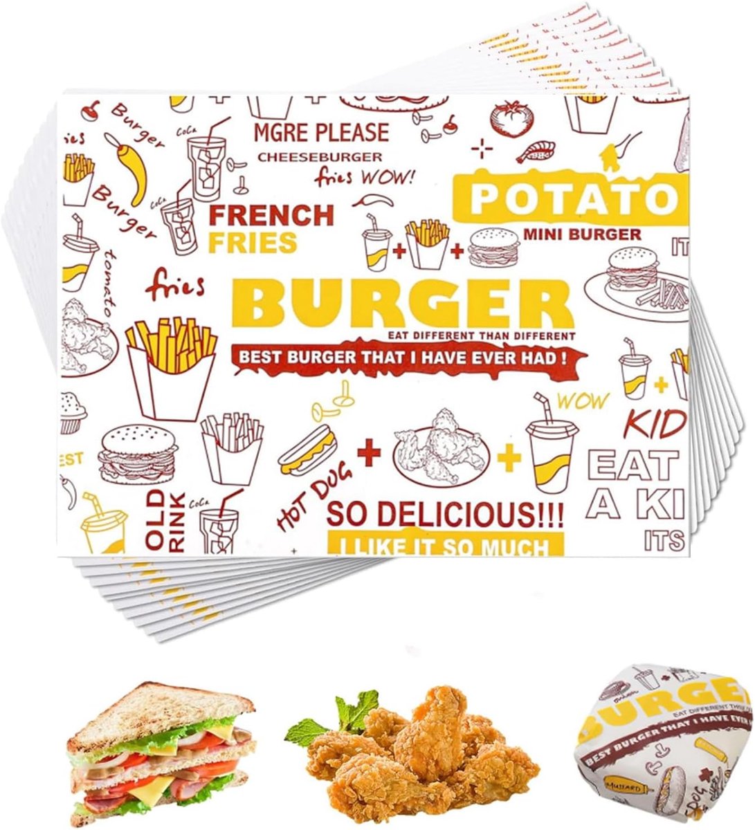 100 vellen kaaspapier, burgerpapier, waterdicht boterbroodpapier, sandwichpapier, krantenbakpapier, kaaspapier, waspapier voor delicatessen, sandwiches, cake, kaas, geschenken (36 x 26 cm)