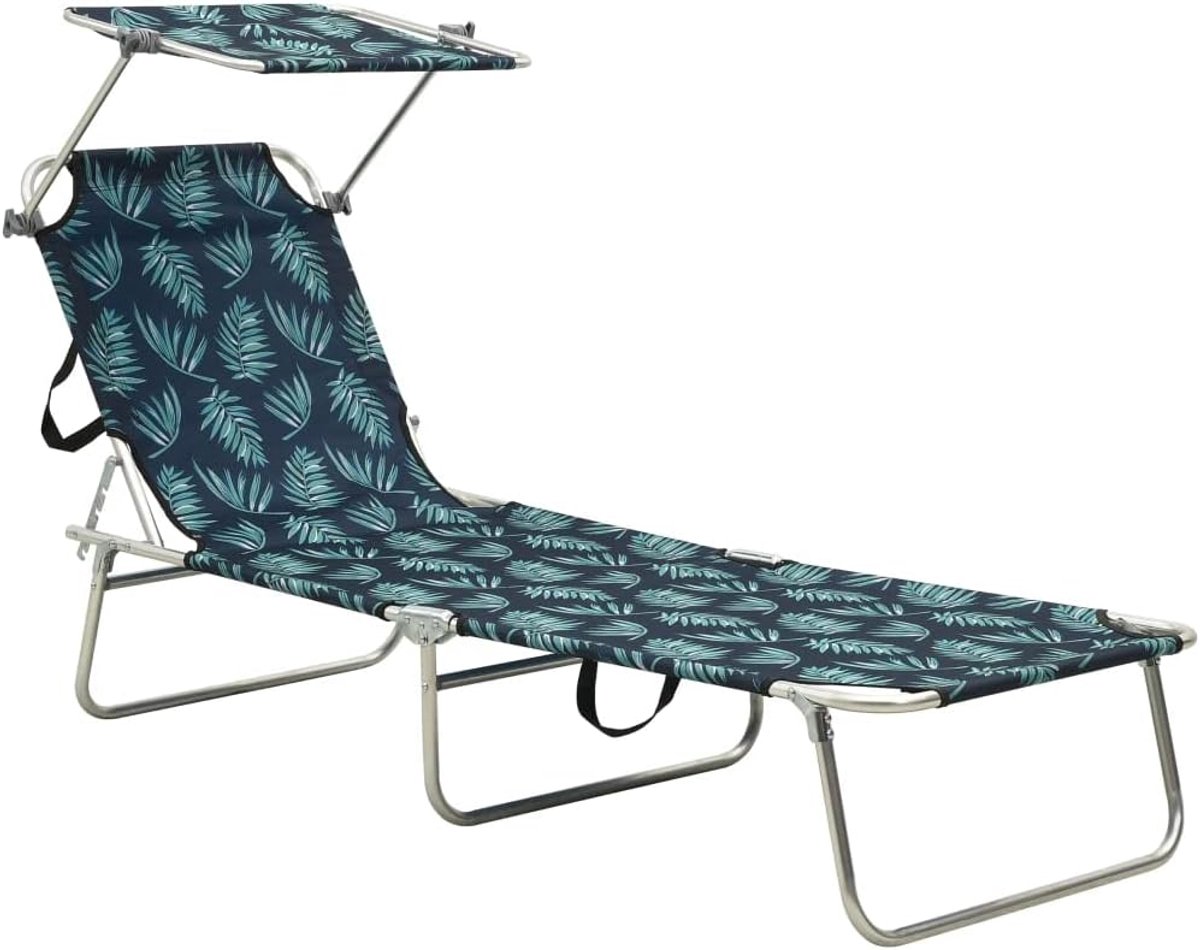 Klapstoel met zonnedak, bladpatroon, aluminium, verstelbare rugleuning en weerbestendige outdoor ligstoel voor terras, tuin, zwembad, strand