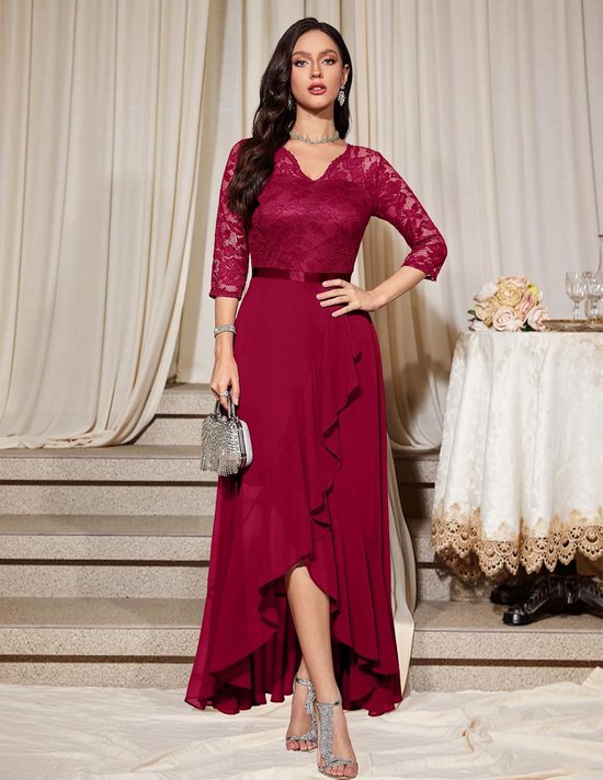 Elegante avondjurk voor bruiloften, kanten jurk, chiffon, Hi-Lo jurk, bruidsmeisjesjurk, vokuhila, feestjurk, lange baljurk, strandjurk — afbeelding 4