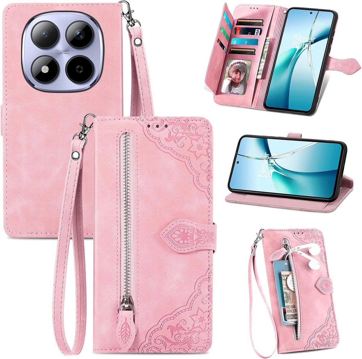 Hoesje voor Xiaomi Redmi Note 15 Pro 5G, lederen portemonnee flip book hoesje met kaarthouder, standaard en handband, mooie bloem schokbestendige hoes voor Xiaomi POCO X7, roze