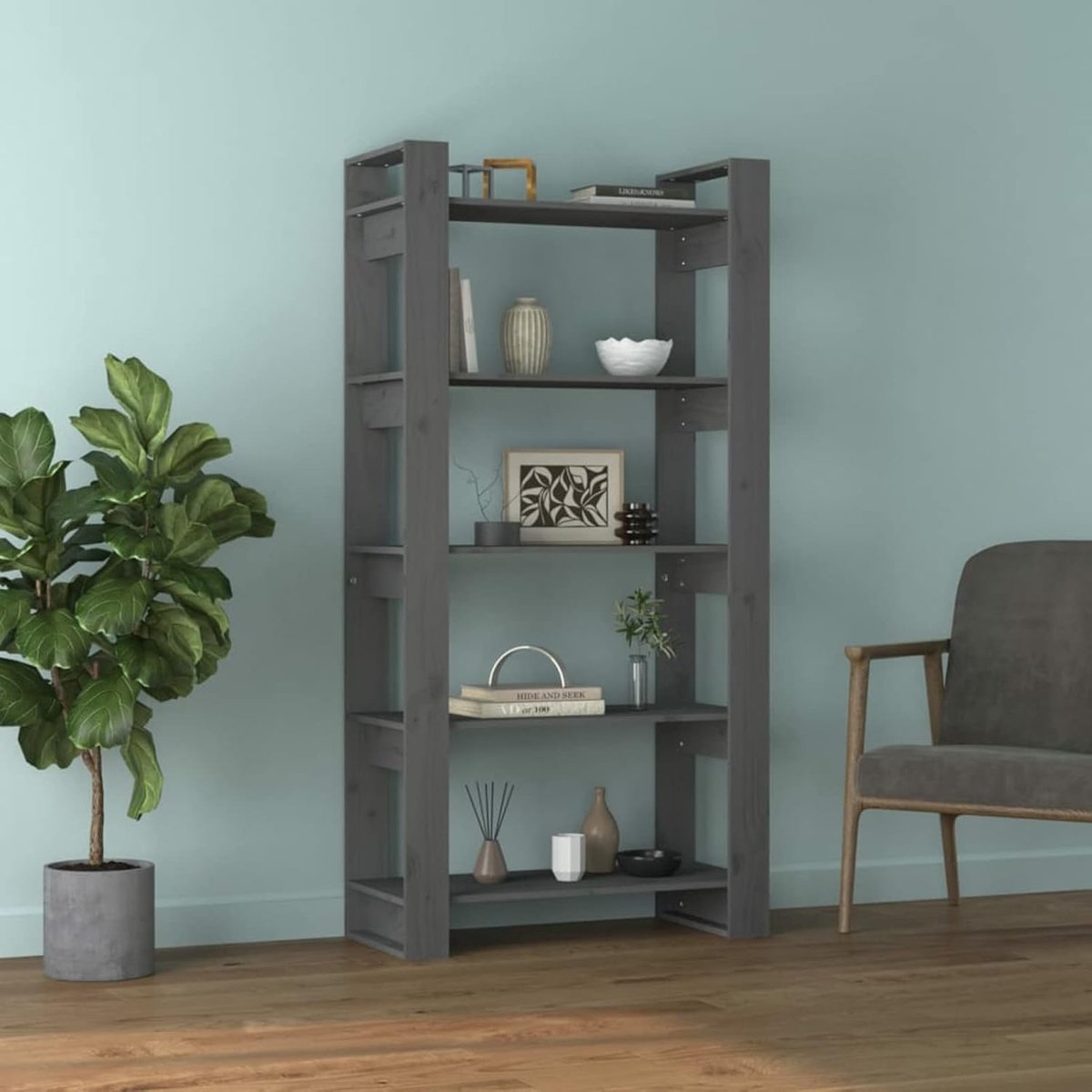 Boekenrek/scheidingswand grijs, boekenkast, cd-plank, plank, ruimtebesparend, plank voor woonkamer, 80 x 35 x 160 cm, van grenenhout