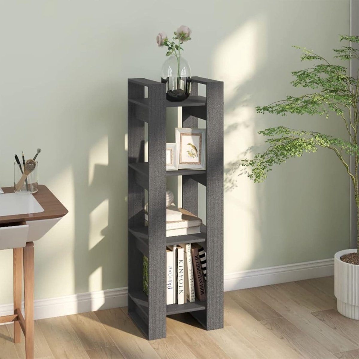 Boekenrek/scheidingswand grijs, boekenkast, cd-kast, cd-plank, ruimtebesparend rek, voor woonkamer, 41 x 35 x 125 cm, van massief grenenhout