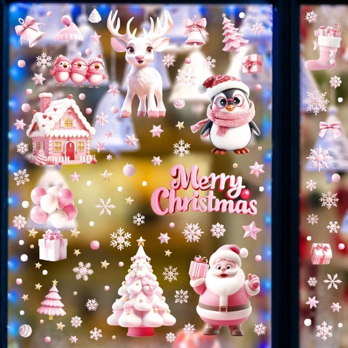Raamstickers voor Kerstmis, zelfklevend, pvc, raamdecoratie, herbruikbaar, 3D, kerstman, eland, sneeuwvlokken voor Kerstmis, winter, raam, deur, decoratie