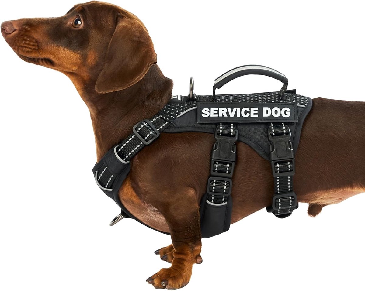 hulphond harnasvest, ontsnappingsbestendig harnas met 6 patches, anti-trek, reflecterend harnas met handgreep, verstelbaar voor kleine tot grote honden, voor training (zwart, XS)