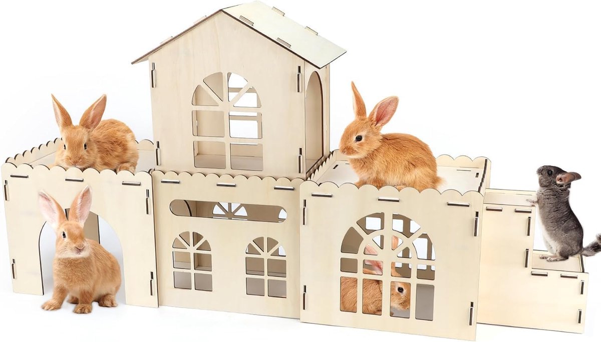 Konijnenhok van hout met trap, insteekbaar en demonteerbaar konijnenkasteel met schuilplaats en uitzichtplatform, klein dierenhuis voor binnen en buiten, voor konijnen en cavia's