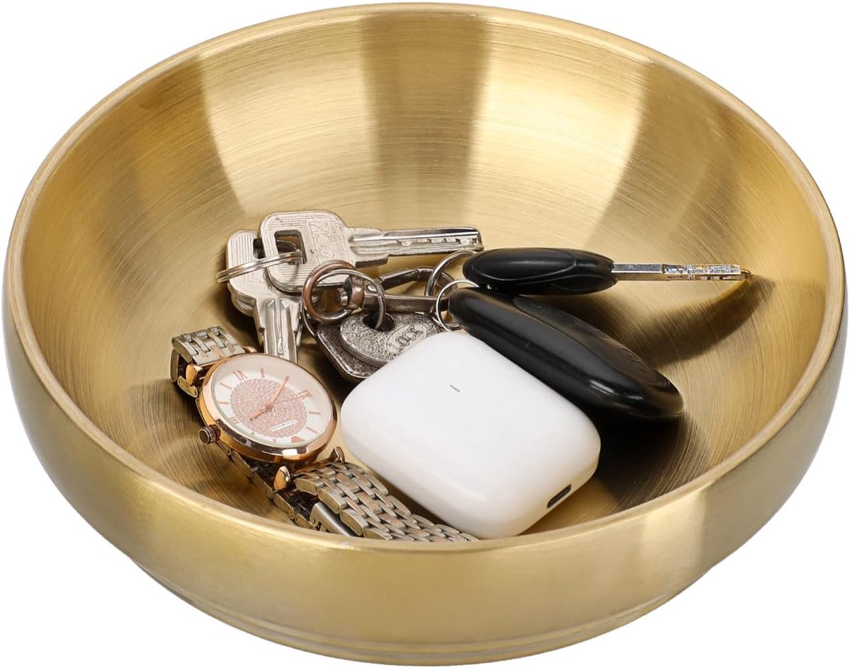 Decoratieve schaal, hoogglans gepolijste sleutelschaal, van roestvrij staal, Ø 18 cm, serveerschalen, moderne sieradenschaal als decoratiegeschenk, snackschaal, dipschaal, goud