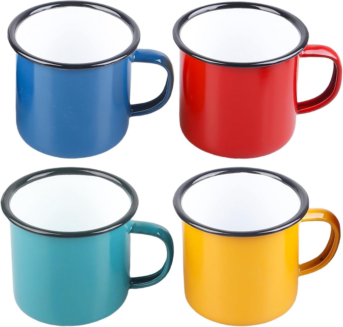 Mok, set van 4, 350 ml, rood/blauw/groen/geel, draagbare en herbruikbare emaille bekers, porseleinen koffiekopjes, theekopjes, lichte campingmok voor thuis, feest, kantoor of camping