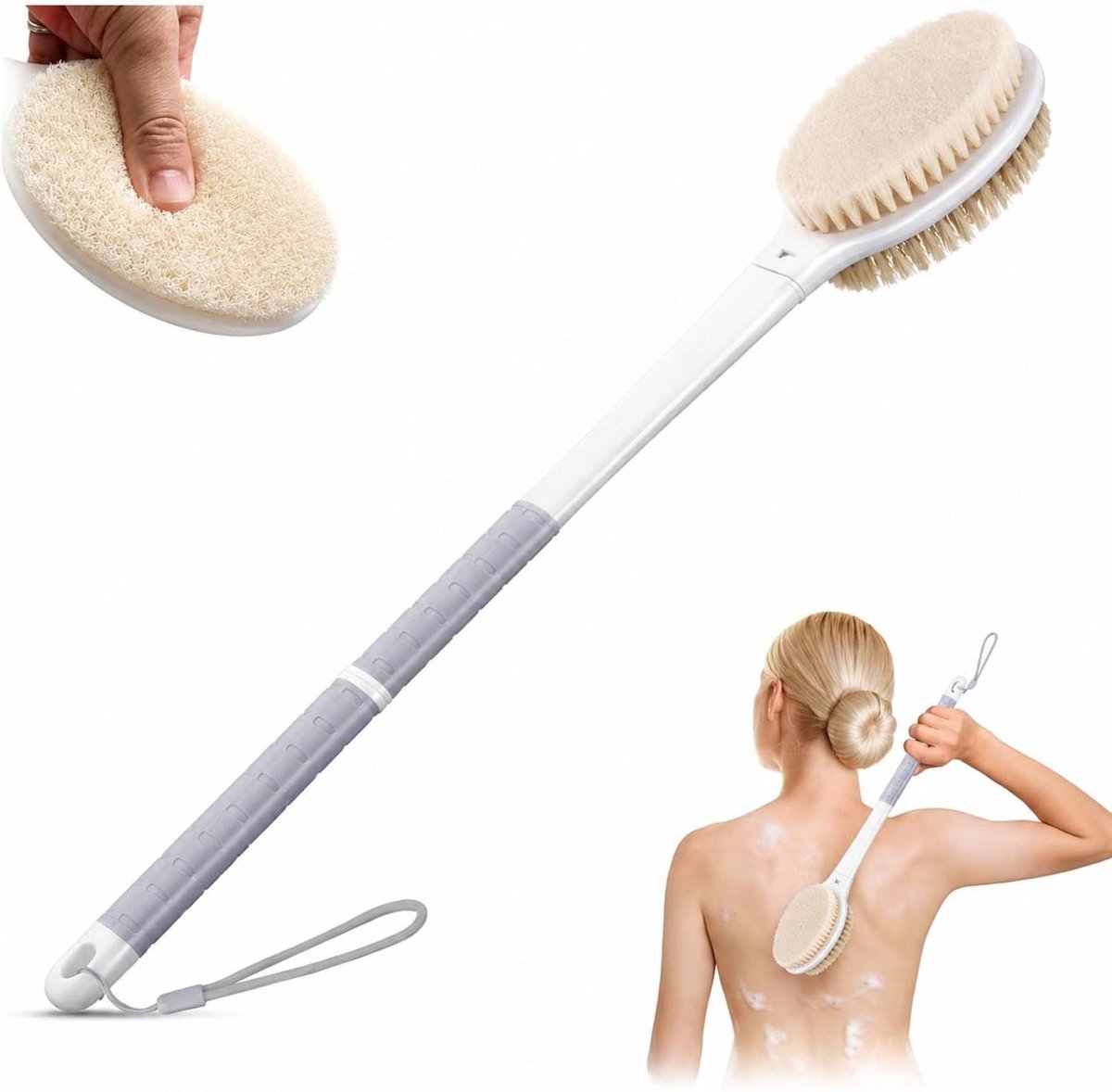 44 cm, lange handgreep, antislip, zachte en harde borstelharen, peelingborstel voor vrouwen, mannen en ouderen, grijs