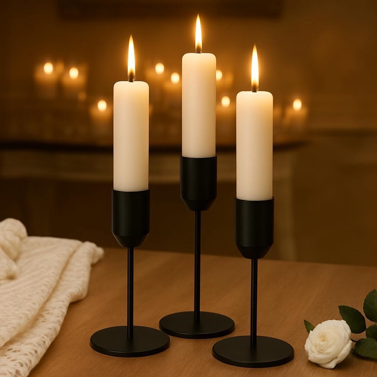 Set van 3 Zwarte Metalen Kandelaars – Minimalistische Kandelaars voor Dinerkaarsen, Elegante Tafeldecoratie voor Woonkamer en Open Haard, Ideaal voor Huisdecoratie