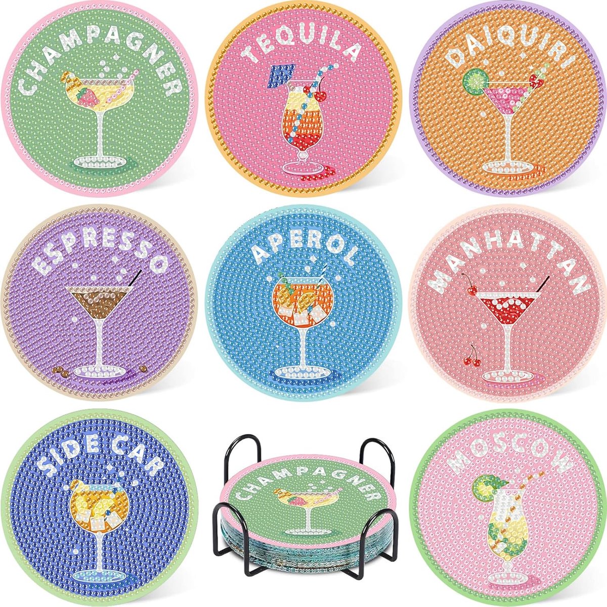 Art 8 stuks diamantschilderij onderzetters voor cocktails met houder, diamantonderzetters voor cocktails, doe-het-zelf antislip onderzetters voor beginners, volwassenen en