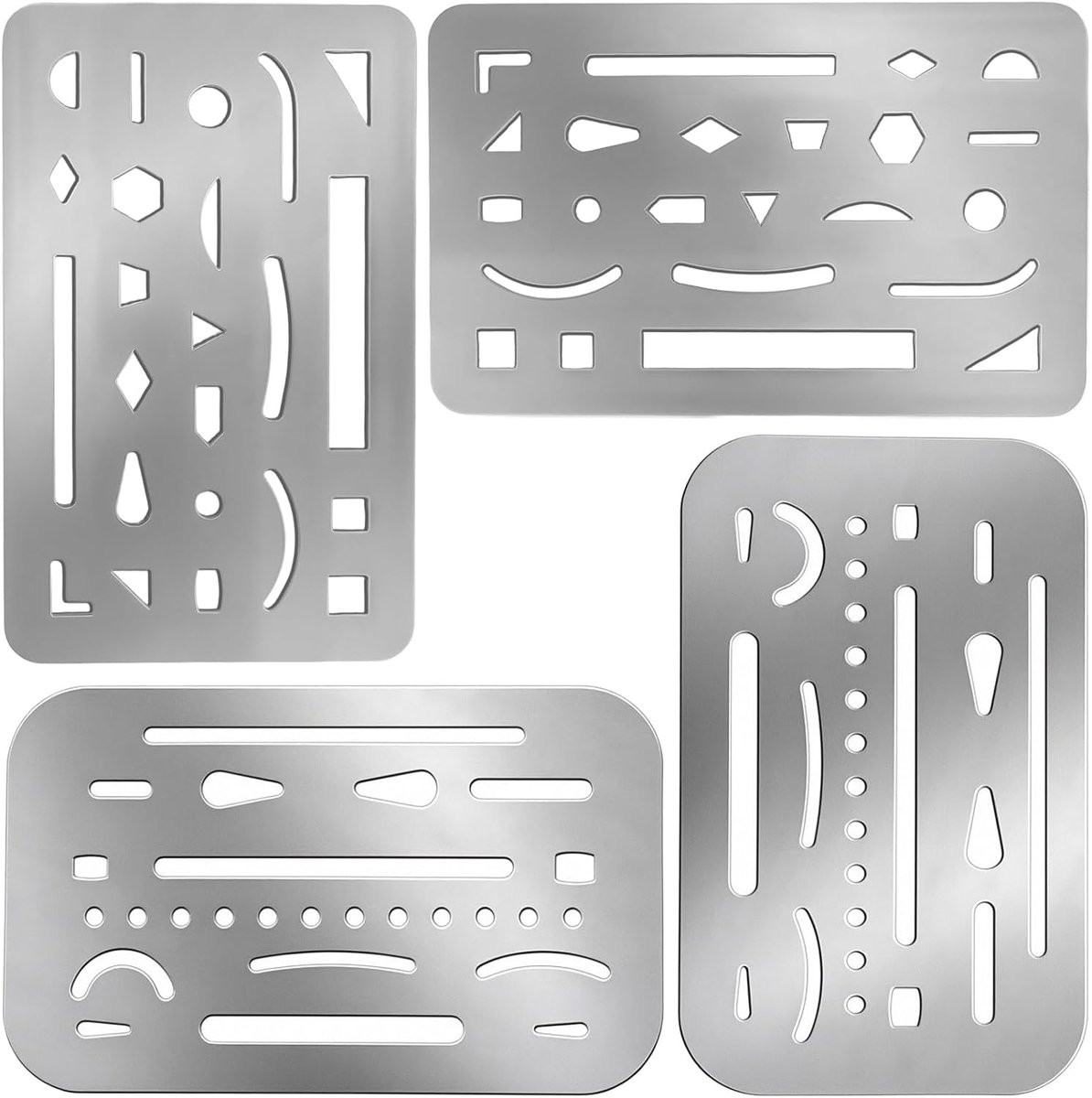 4 stuks roestvrijstalen gumsjablonen, tekengereedschap, metalen sjablonen voor mechanisch tekenen en brandschilderen, gum, beschermend gereedschap voor architecten, ingenieurs, kunstenaars en