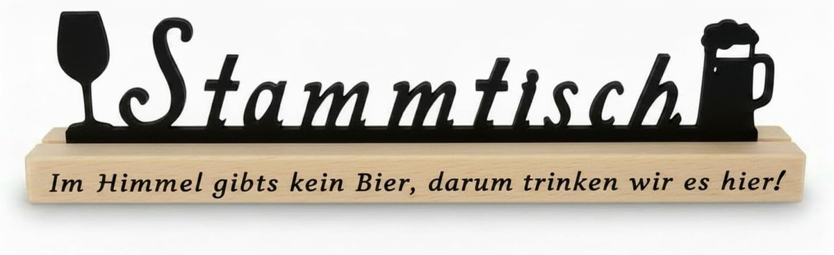 bord hout 26 cm – bierspreuk "Im Himmel gibts kein Bier" – tafelstandaard met bierpul & wijnglas – beukenhouten sokkel – decoratie bar gastheer cadeau mannen