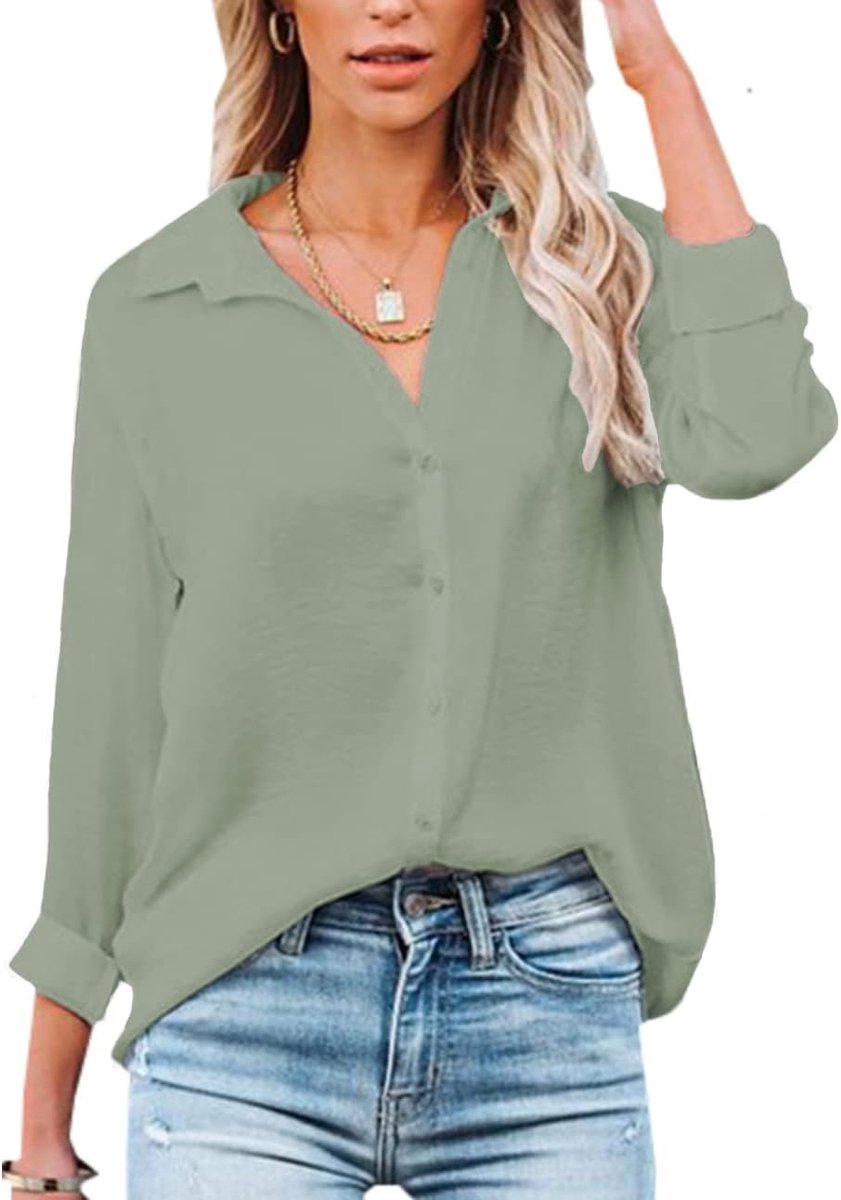 Damesblouse, V-hals, elegant, lange mouwen, casual werktops met knopen, tops, overhemd met lange mouwen.