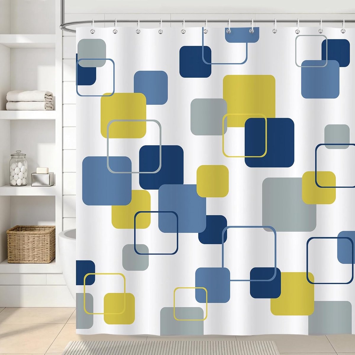 geometrisch douchegordijn, blauwgeel vierkant abstract modern minimalistisch badkamergordijn 180 x 180 cm, waterafstotend, schimmelbestendig polyester met 12 haken