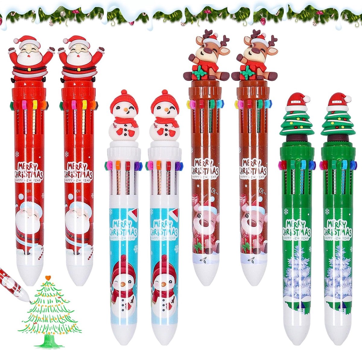 Balpennen voor Kerstmis, 10-in-1 veelkleurige balpen, kerstbalpen, intrekbare balpen, kerststiften, balpen, grappig als cadeau voor feestzakvulling