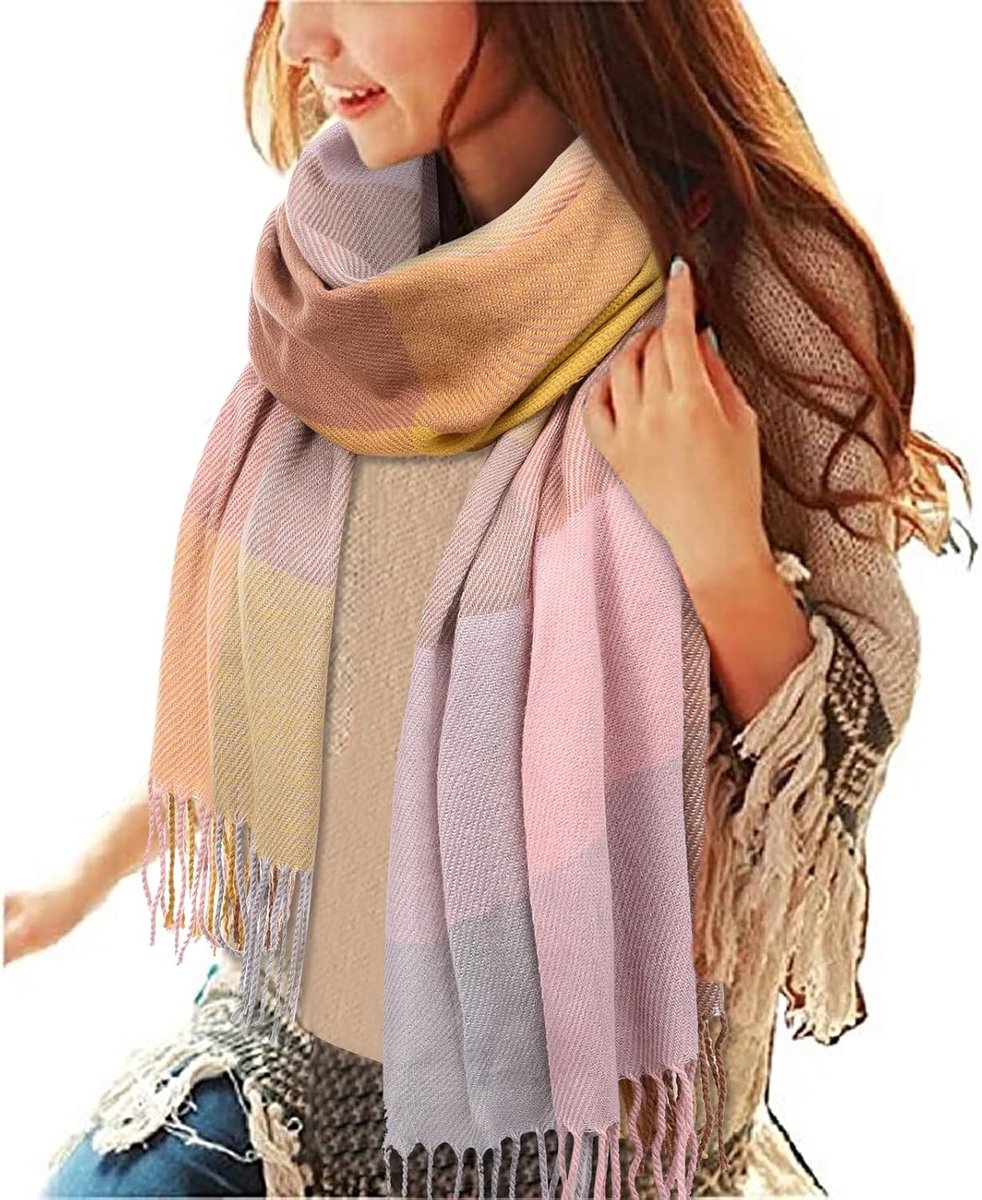 Wintersjaal voor dames, geruit, lange sjaal, warm, grote sjaals, zachte sjaals, kwastjes, elegant, wikkelsjaal, stola, sjaal