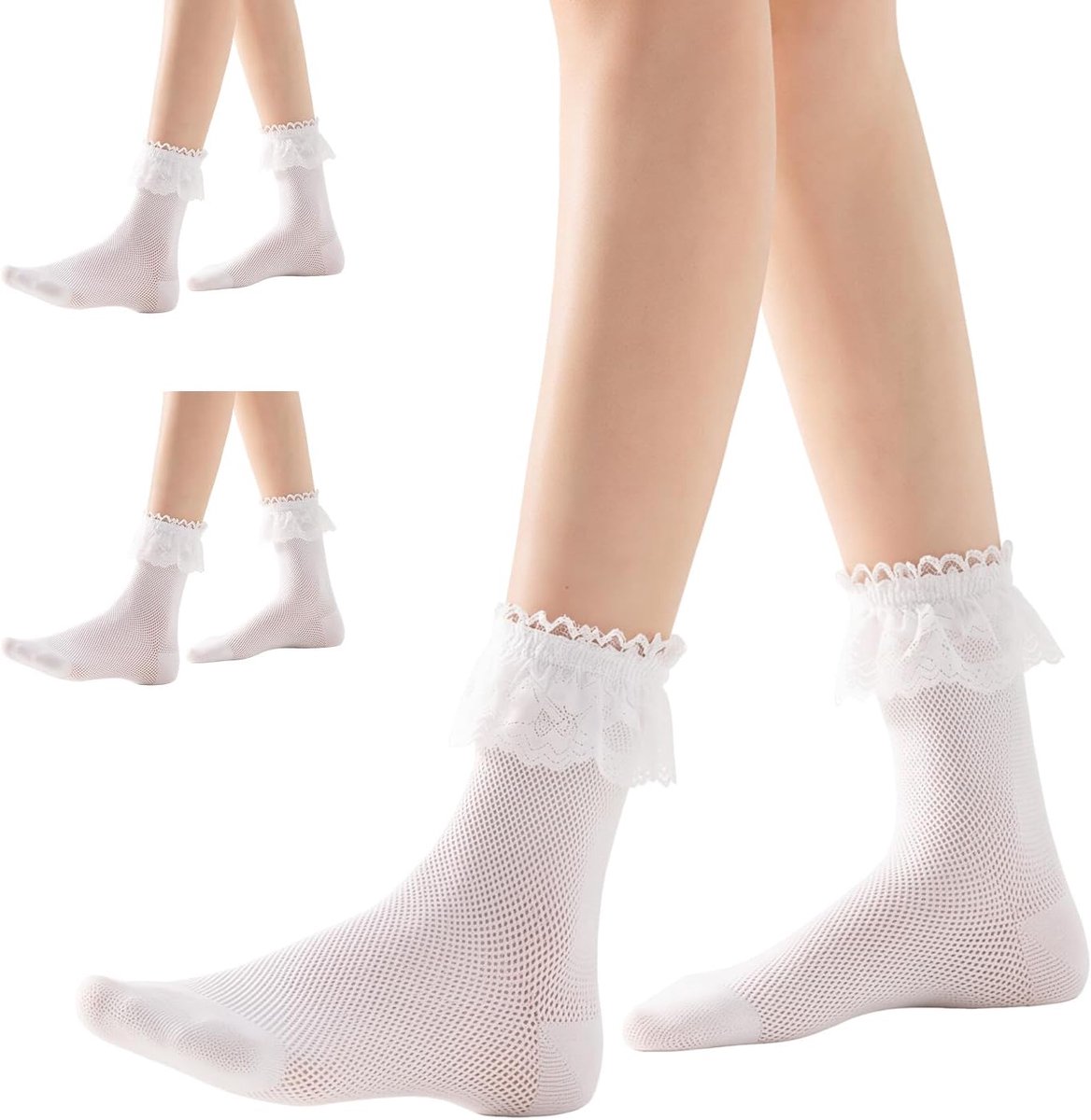 3 Paar Enkelsokken voor Dames met Kant en Ruches, Zacht Ademend Katoen, Franjesokken, One Size, Wit