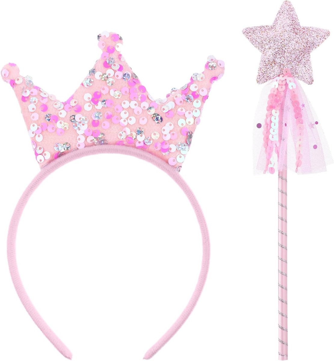 2-delige prinsessenkronen met toverstaf, roze tiara voor meisjes, prinsessenaccessoires voor verjaardagsfeestjes en kostuums voor kinderen van 4-6 jaar