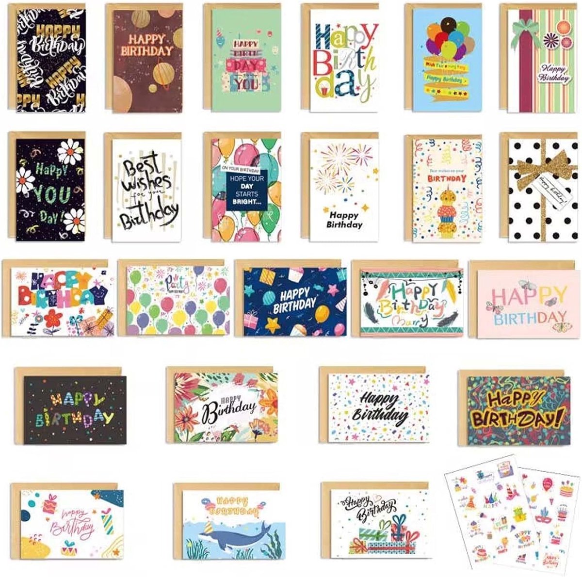 Verjaardagskaarten en Enveloppen, 24 Stuks Happy Birthday Card, Wenskaarten Set Blanco voor Mannen, Vrouwen en Kinderen, Kaarten met Enveloppen (Stijl C)