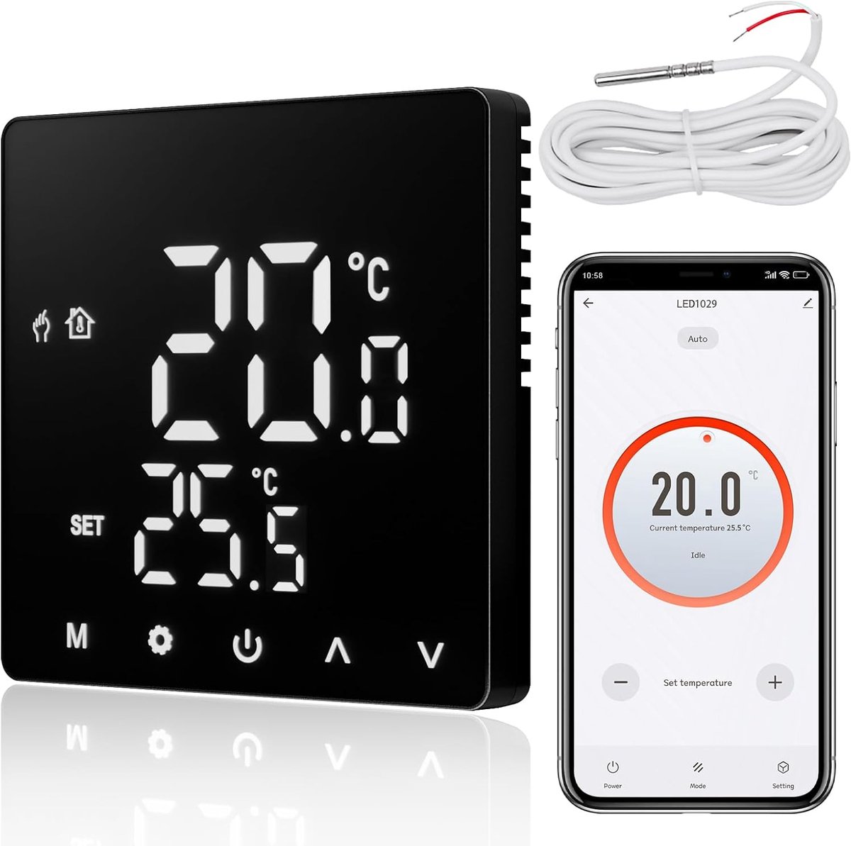 Smart Inbouwthermostaat met sensor, digitale kamerthermostaat voor elektrische verwarming, compatibel met Alexa en Google Assistant, spraakbediening, zwart met kunststof frame