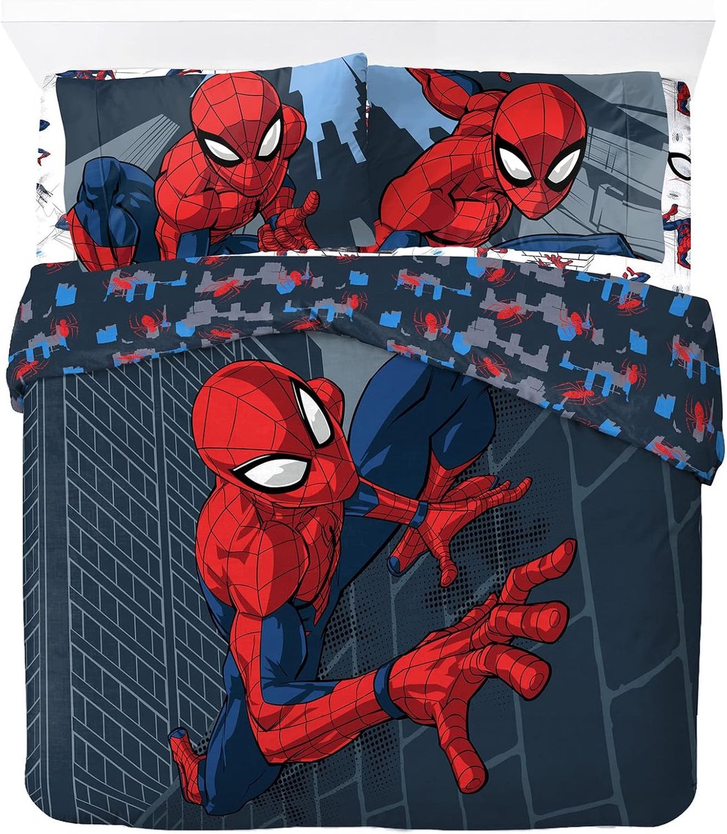 Franco Marvel Spiderman City Streets Beddengoed voor tweepersoonsbed, dekbedovertrek 200 x 200 cm + 2 kussenslopen 50 x 70 cm, 100% katoen