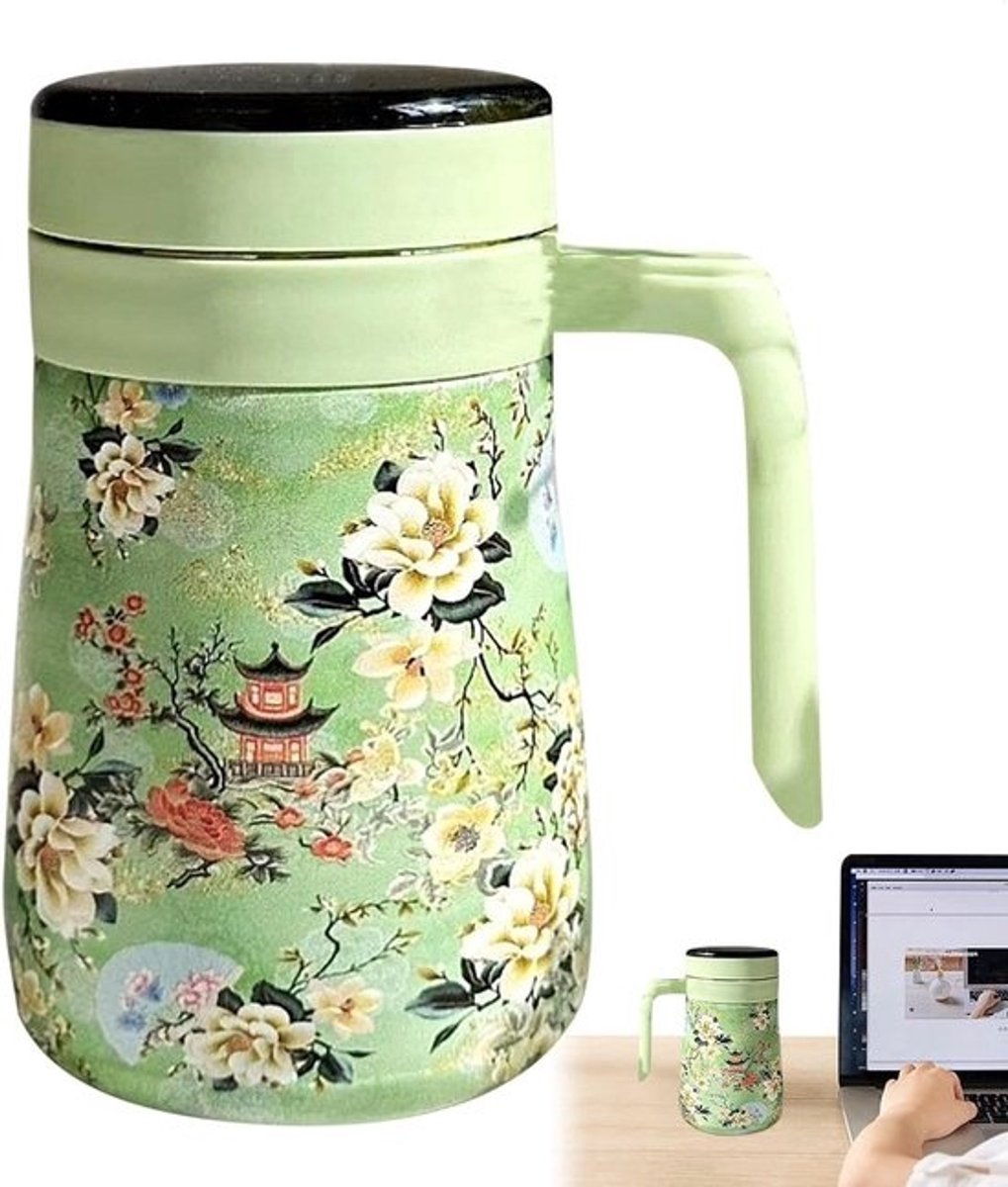 Koffiekan thermoskan - Bloemenprint warmhoudkan - Dranken bewaren - Roestvrij staal - 550 ml - Groen