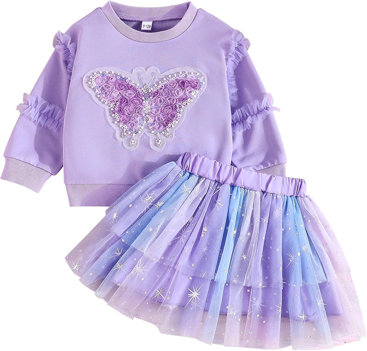 2-delige sweatshirt-tutu-jurk voor babymeisjes, trui met vlinderpatroon voor peuters, tule rok, schattige outfit met lange mouwen