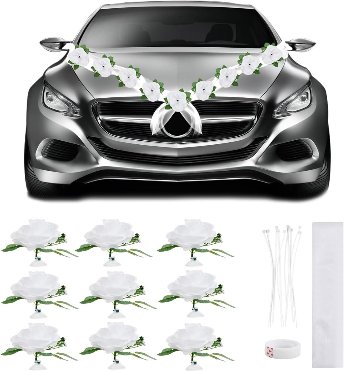 Kunstbloemen met zuignappen en tule, decoratie voor motorkap, elegante decoratie voor bruidsauto